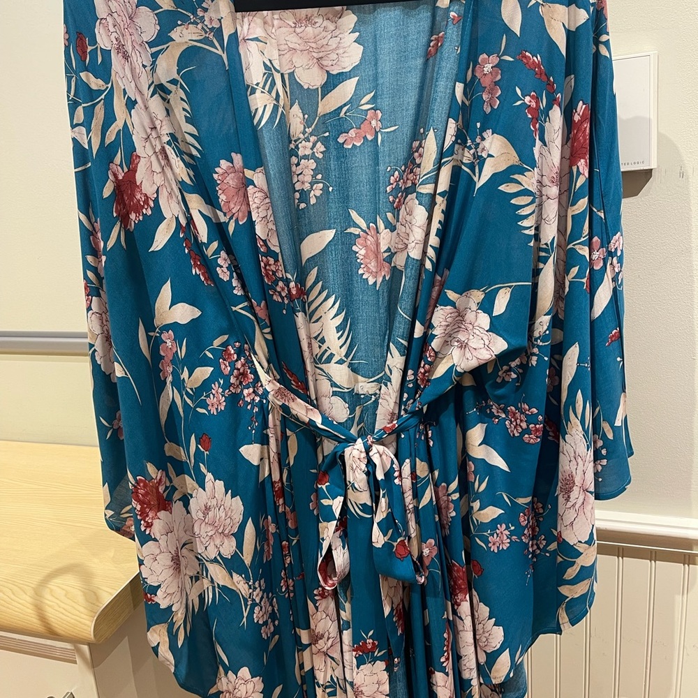 NWOT Blue Floral Print Boho Tie Waist Kimono - Picture 4 of 5